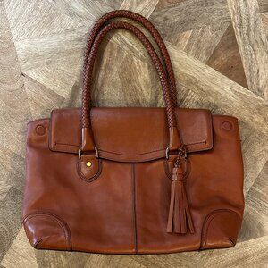 Cole Haan Brown Leather Handbag with Braided Handles and Tassel